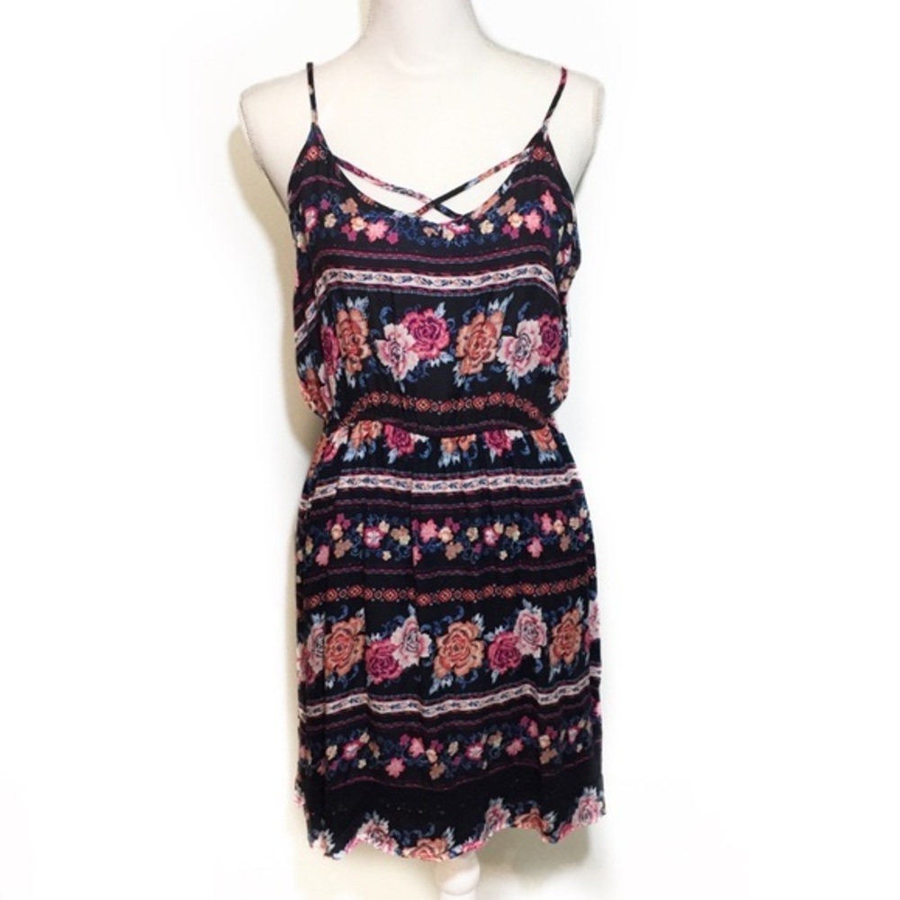 NWOT Black Floral Print Strappy Dress Pink Rose